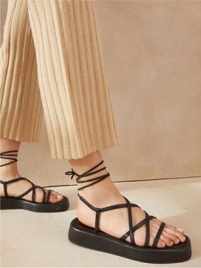 Loeffer Randall Beau Black Leather Strappy Ankle Wrap Platform Sandal 9